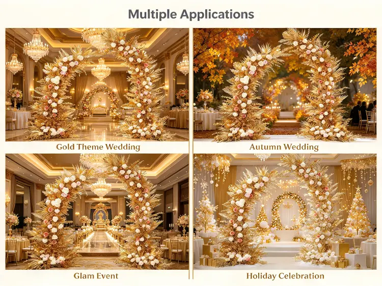 Gold Leaf Crescent Arch in Gold Theme Wedding Autumn Ceremony Glam Event Luxury Venue Settings