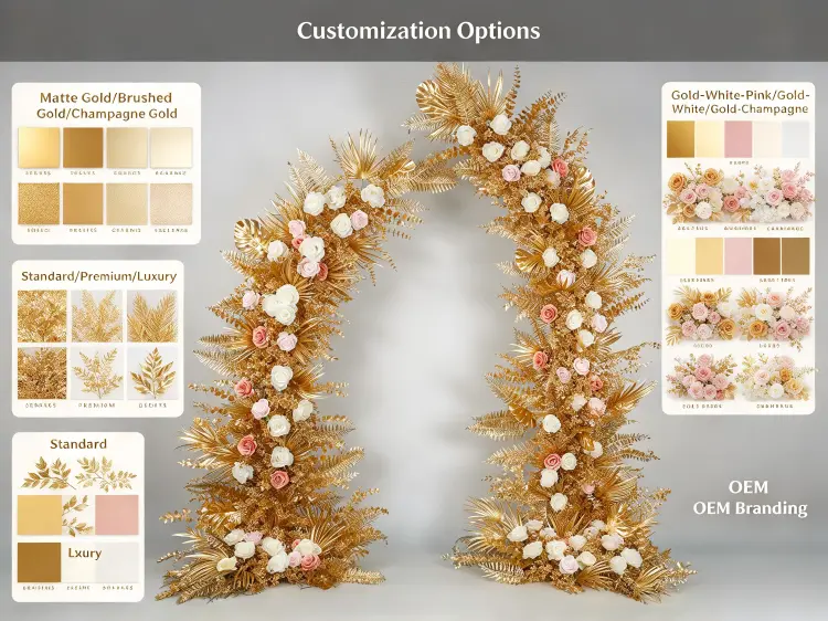 Custom Gold Leaf Crescent Arch Gold Shade Options Palette Foliage Density Matte Brushed Champagne Gold