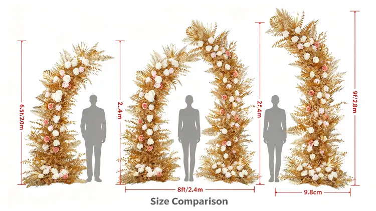 Gold Leaf Crescent Arch Size Comparison 2.0m 2.4m 2.8m with Person Gold Foliage Density