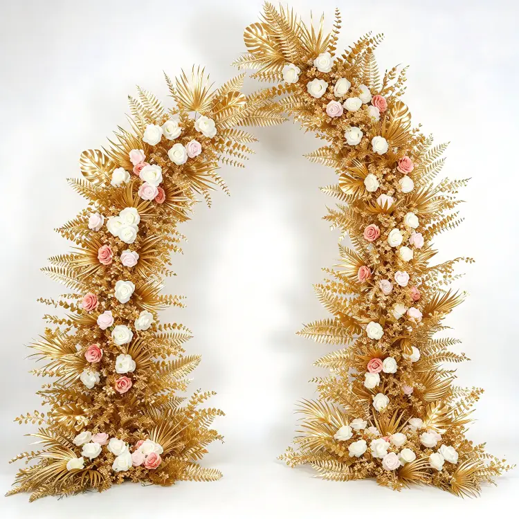 Gold Leaf Crescent Moon Gate Arch Front View Full Gold Foliage White Pink Roses