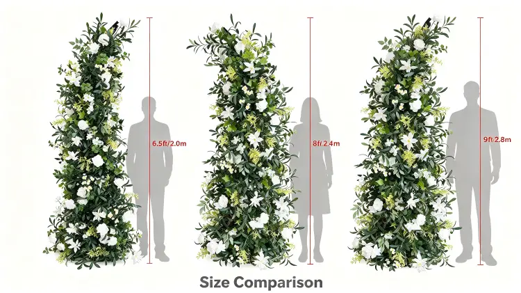 Olive Branch Crescent Arch Size Comparison 2.0m 2.4m 2.8m with Person Olive Greenery Density