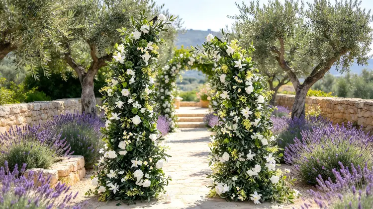 Olive Branch Crescent Arch White Roses at Natural Mediterranean Garden Wedding Ceremony