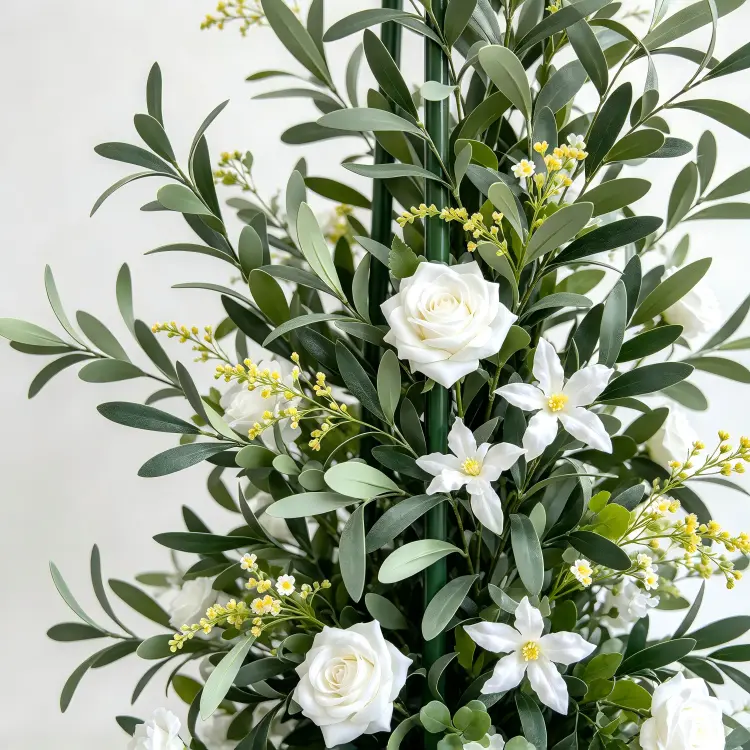 Close-up Olive Branch Detail Sage Olive Grey Green Leaves White Roses Star Flowers Yellow Wildflowers