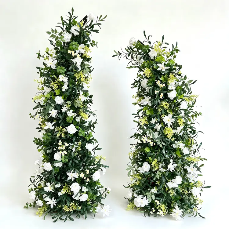 Olive Branch Crescent Moon Gate Arch Front View Full Olive Greenery White Roses Yellow Wildflowers