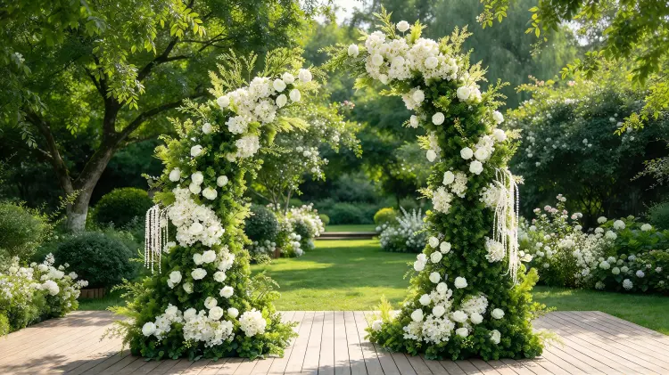 Green Foliage Crescent Arch White Roses Hydrangeas Pearl Beads at Fresh Garden Wedding Ceremony