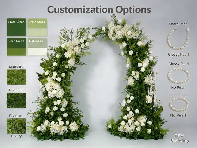 Custom White Green Crescent Arch Pearl Chain Options Greenery Density Hydrangea Fullness