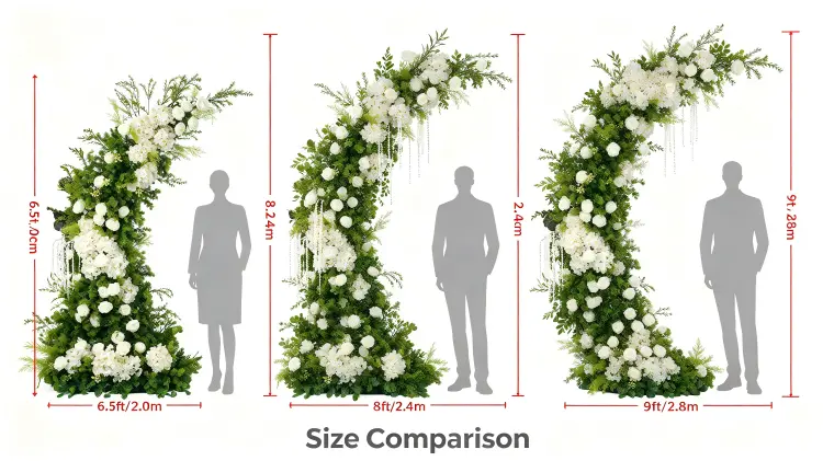 Green Foliage Crescent Arch Size Comparison 2.0m 2.4m 2.8m with Person Greenery Density