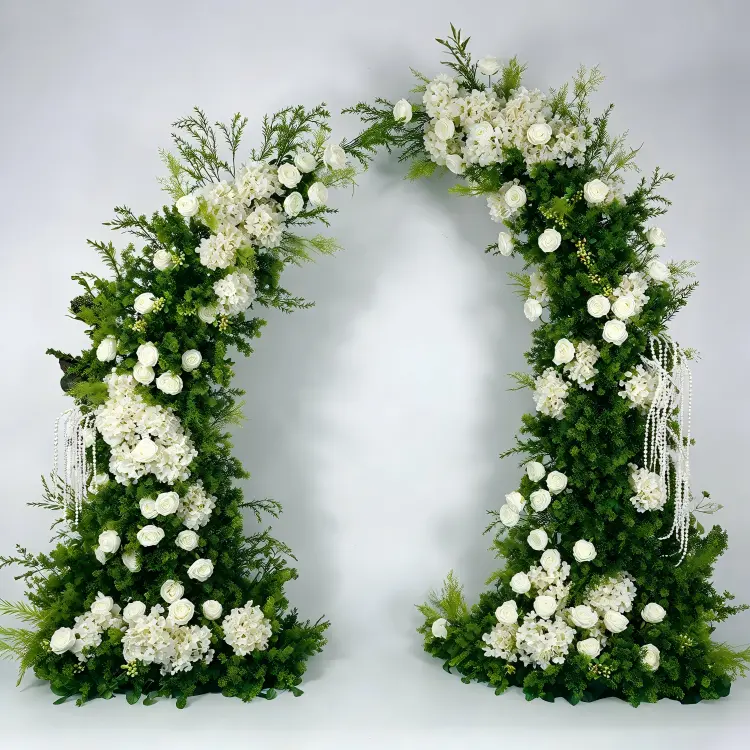 Green Foliage Crescent Moon Gate Arch Front View Full Greenery White Roses Hydrangeas Pearl Beads