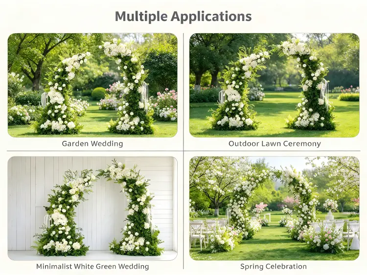 Green Foliage Crescent Arch in Garden Wedding Outdoor Ceremony Minimalist White Green Setting