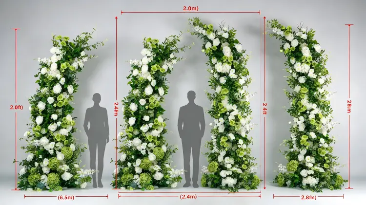 Green Hydrangea Crescent Arch Size Comparison 2.0m 2.4m 2.8m with Person Foliage Density