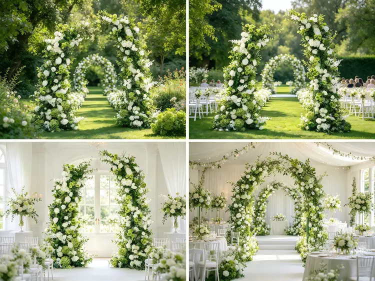 Green Hydrangea Crescent Arch in Garden Wedding Outdoor Ceremony Natural White Green Setting