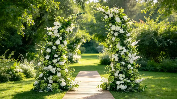 Green Hydrangea Crescent Arch White Roses at Natural Garden Wedding Ceremony