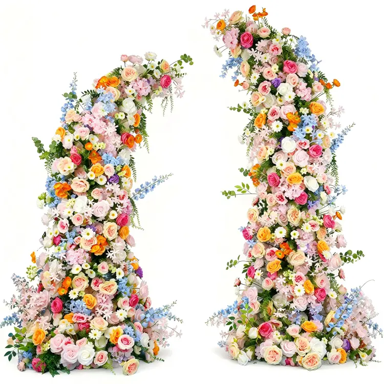 Colorful Floral Pillar Set Front View White Background Two Horn Pillars 190cm 230cm Full Foliage
