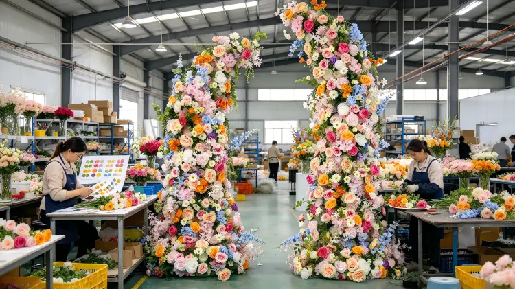 Factory Workers Colorful Floral Pillar Pair Check Color Harmony Check Weighted Base Assembly Line