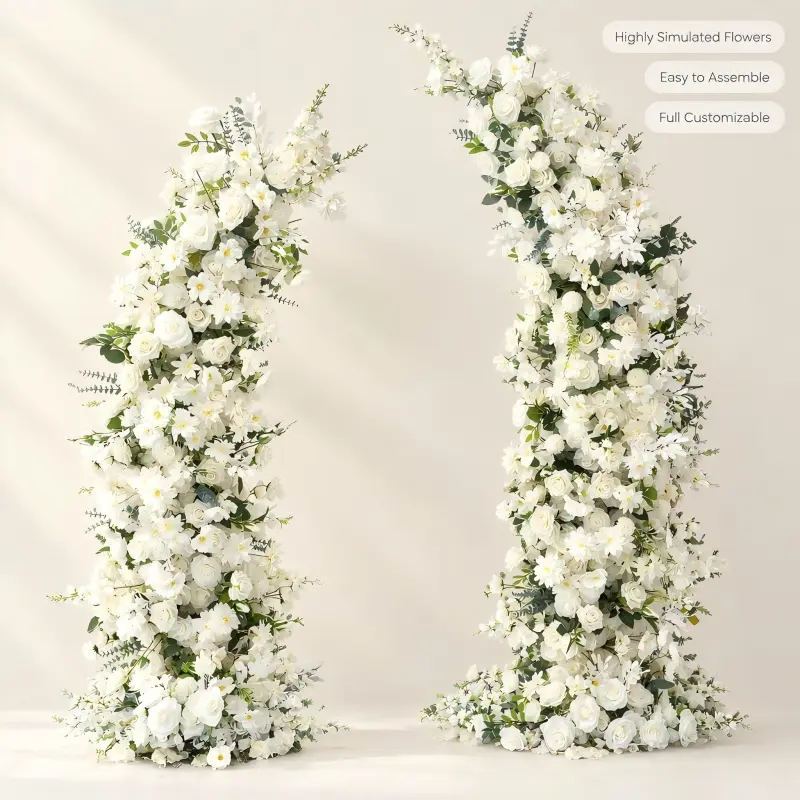 White Rose Floral Pillar Set – Curved Wedding Flower Columns