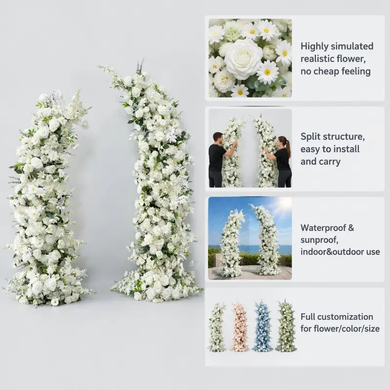White Rose Floral Pillar Set – Curved Wedding Flower Columns
