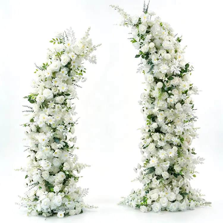 White Rose Floral Pillar Set Front View White Background Leaning Curved Pillar Upright Pillar