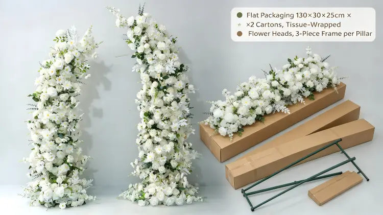 White Rose Floral Pillar Set Flat Packaging Two Cartons Tissue Wrapped Flower Heads Disassembled