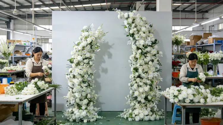 Factory Workers White Rose Floral Pillar Pure White Check Grey Background Balance Check Assembly Line