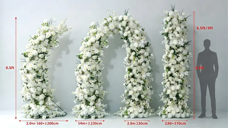 White Rose Floral Pillar Set Size Comparison 2.0m 2.4m 2.8m Leaning Upright Pillar with Person