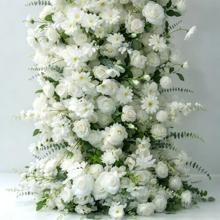 Close-up White Rose Floral Pillar Clean White Roses Daisies Greenery Frame Pure White Tone