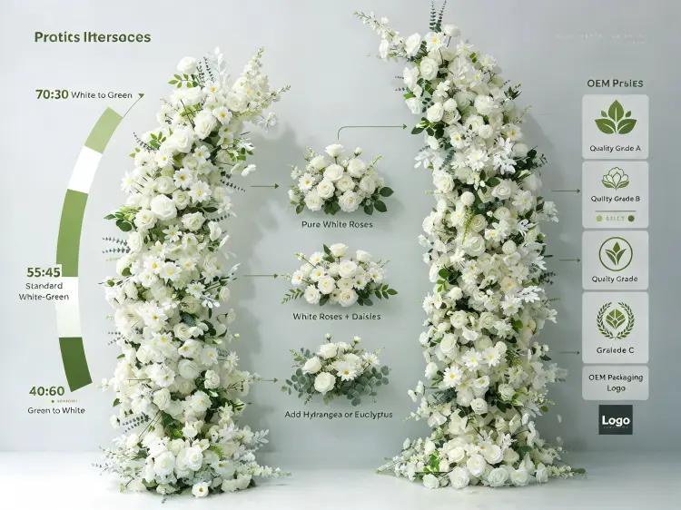 Custom White Rose Floral Pillar Set White Green Balance Palettes Density Options