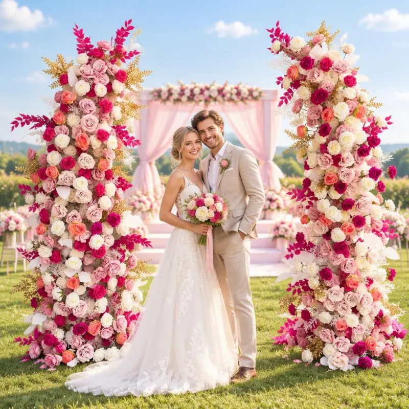 Blush Rose Floral Pillar Set – Champagne Gold Accent Flower Pillars