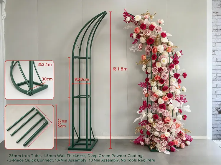 Blush Rose Floral Pillar Frame Cascading Curve Flared Base Weight Plate Quick Connect Assembly