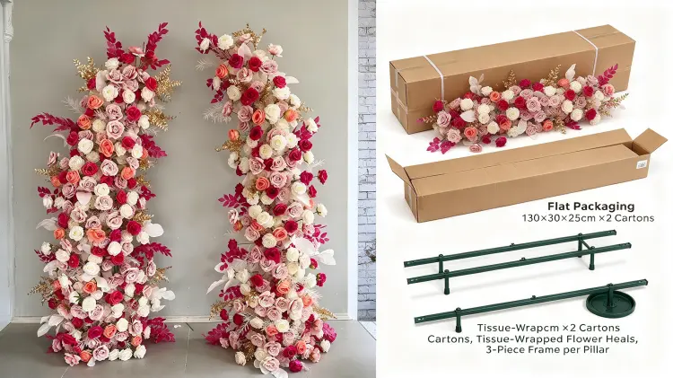 Blush Rose Floral Pillar Set Flat Packaging Two Cartons Tissue Wrapped Flower Heads Disassembled