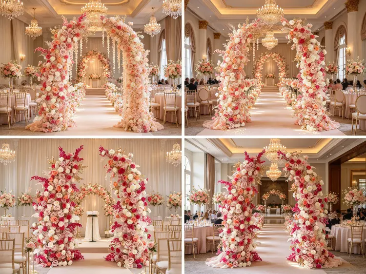 Blush Rose Floral Pillars in Romantic Wedding Ceremony Reception Banquet Hotel Applications
