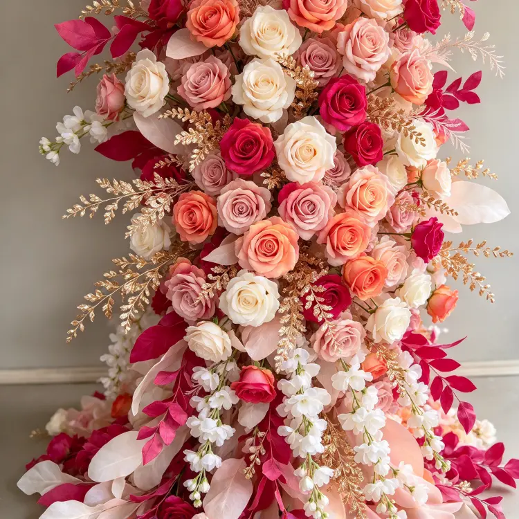 Close-up Blush Rose Floral Pillar Cream Blush Magenta Orange-red Rose Color-step Champagne Gold Accent