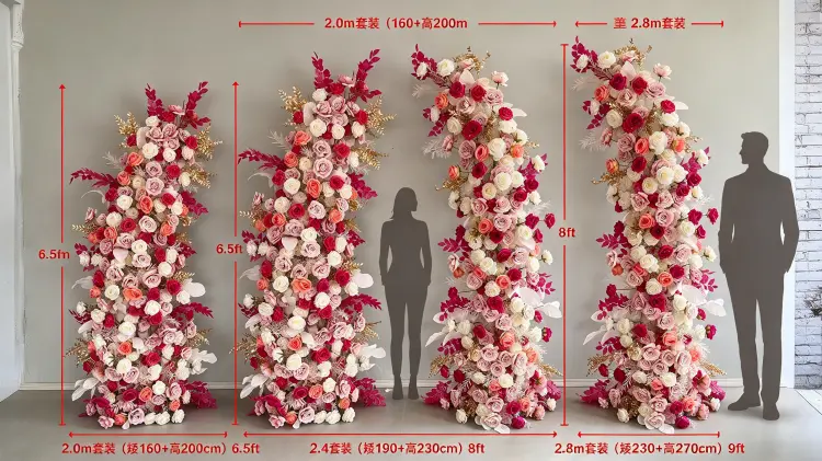 Blush Rose Floral Pillar Set Size Comparison 2.0m 2.4m 2.8m Cascading Pillar with Person