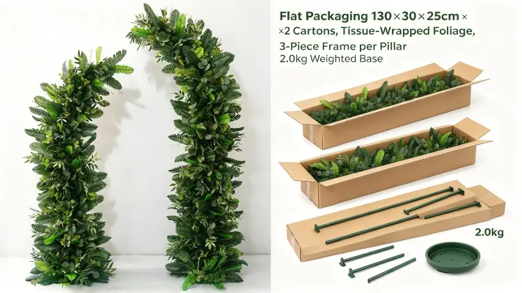 Botanical Crescent Arch Flat Packaging Two Cartons Tissue Wrapped Fern Fronds Disassembled
