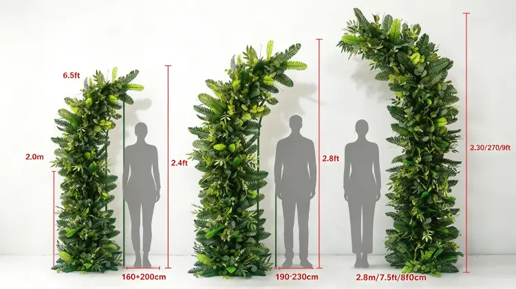 Botanical Crescent Arch Size Comparison 2.0m 2.4m 2.8m Asymmetric Pillars with Person