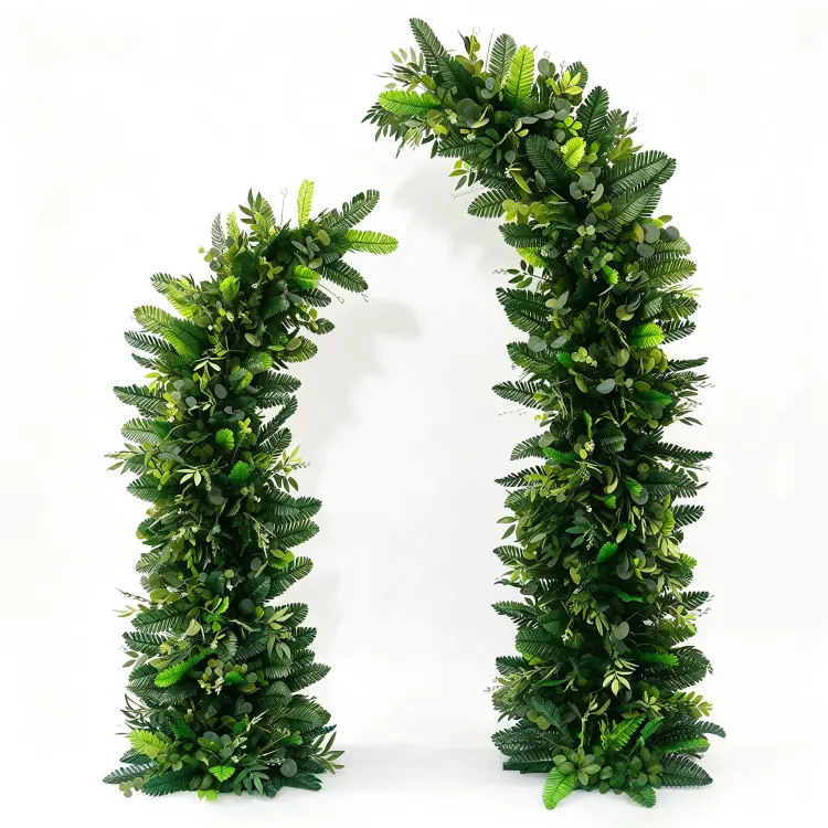 Botanical Crescent Arch Front View White Background Two Asymmetric Pillars Straight Left Curved Right No Flowers