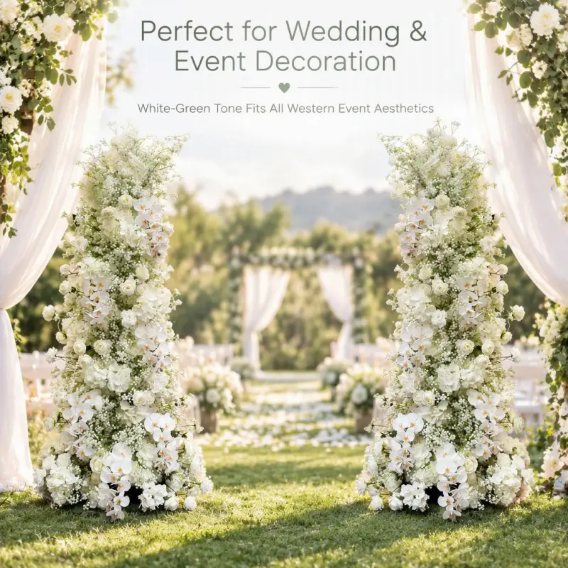 White Phalaenopsis Orchid Crescent Arch – White Rose Baby's Breath Moon Gate
