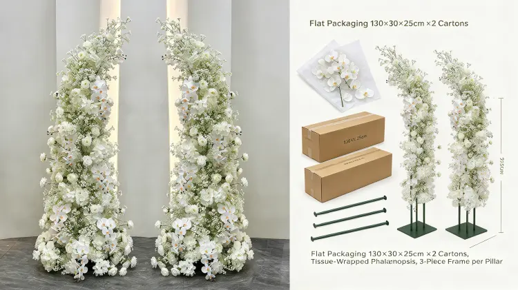 White Orchid Crescent Arch Flat Packaging Tissue Wrapped Orchid Heads Carton Disassembled
