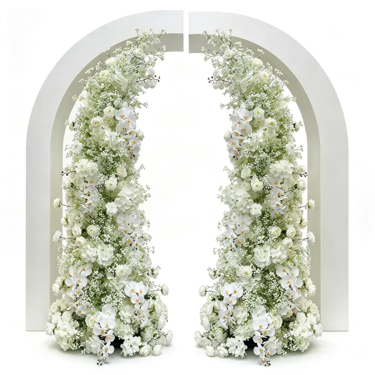 White Phalaenopsis Orchid Crescent Moon Gate Arch Front View All White Flowers Elegant Pure