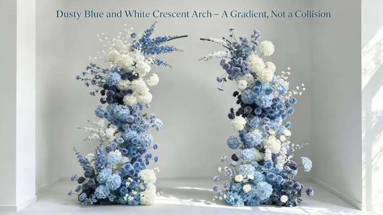 Dusty Blue and White Crescent Arch Navy Roses Hydrangea Blue Delphinium Wedding Ceremony