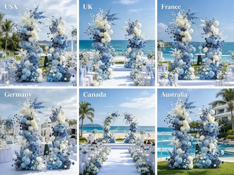 Global Blue White Crescent Arch Projects Dusty Blue Weddings Coastal Ceremonies Corporate Events