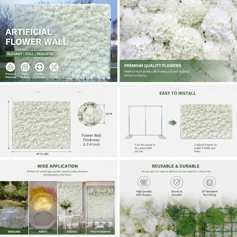 White Flower Wall Decor – Artificial Flower Wall Backdrop with Stand