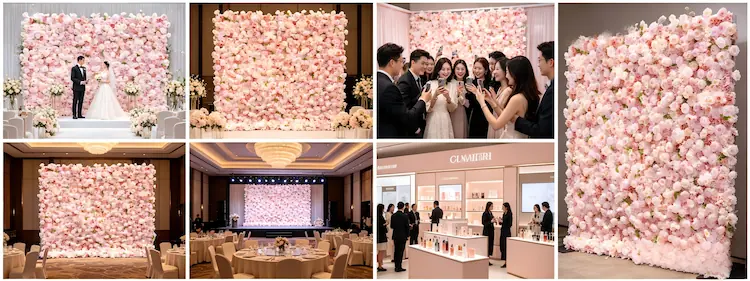 pink artificial flower wall multiple scenes wedding photo booth banquet brand event