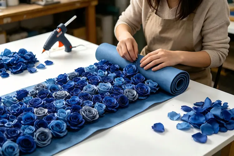artisan handcrafting silk flower wall panels