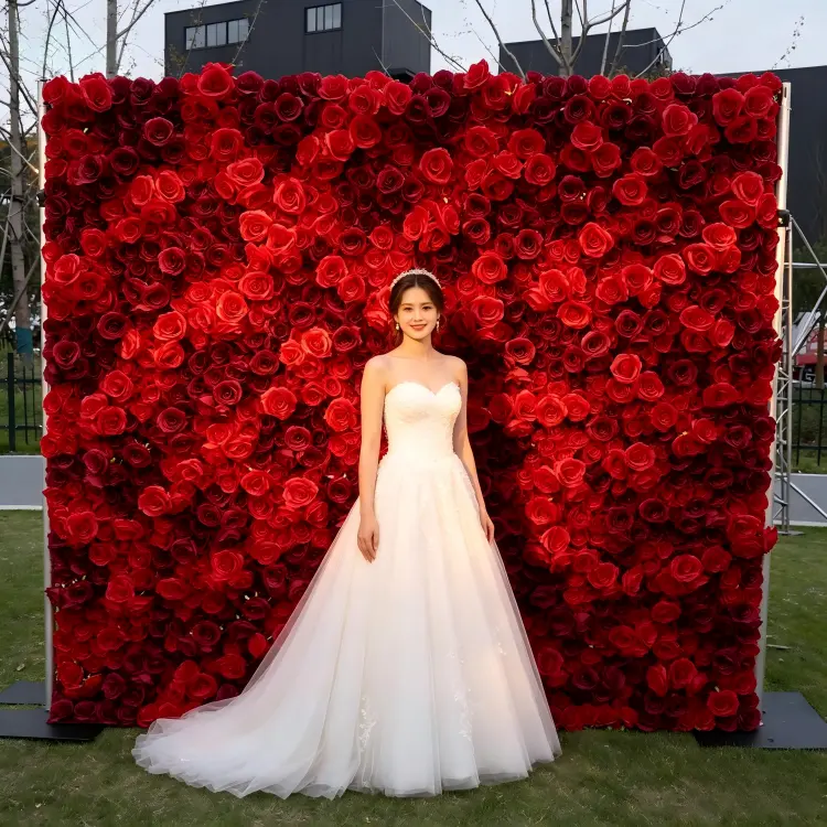 red rose silk flower wall 8x8ft roll up backdrop wedding ceremony