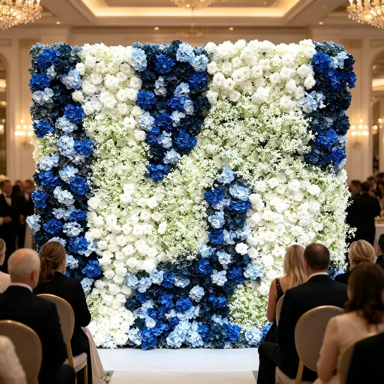 blue white gradient flower wall luxury wedding backdrop