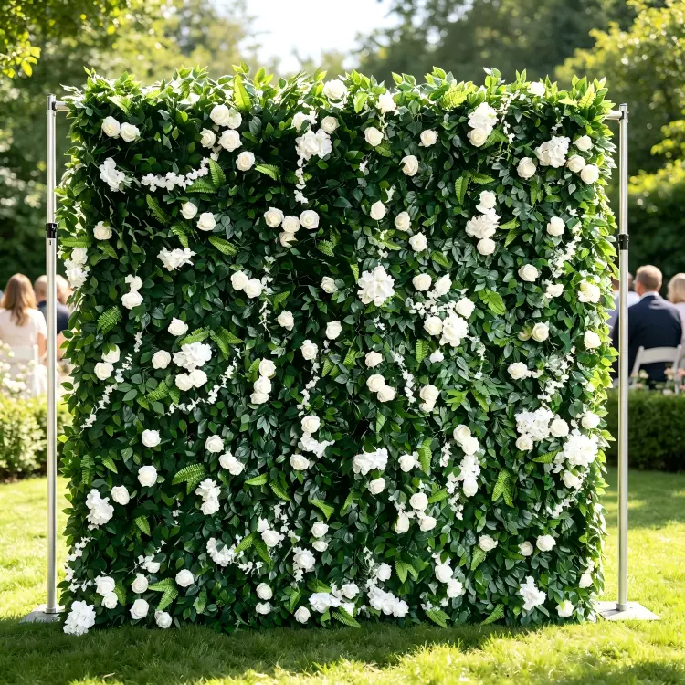 white greenery flower wall backdrop outdoor garden wedding