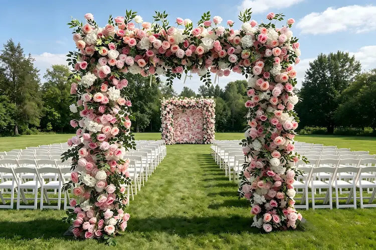 pink-white-flower-arch-with-matching-flower-wall-set