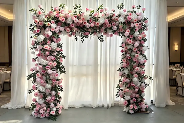 pink-white-romantic-flower-arch-wedding-ceremony
