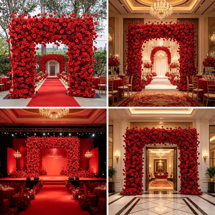 Red Flower Arch in Multiple Wedding Settings Ceremony Entrance Photo Booth Ballroom