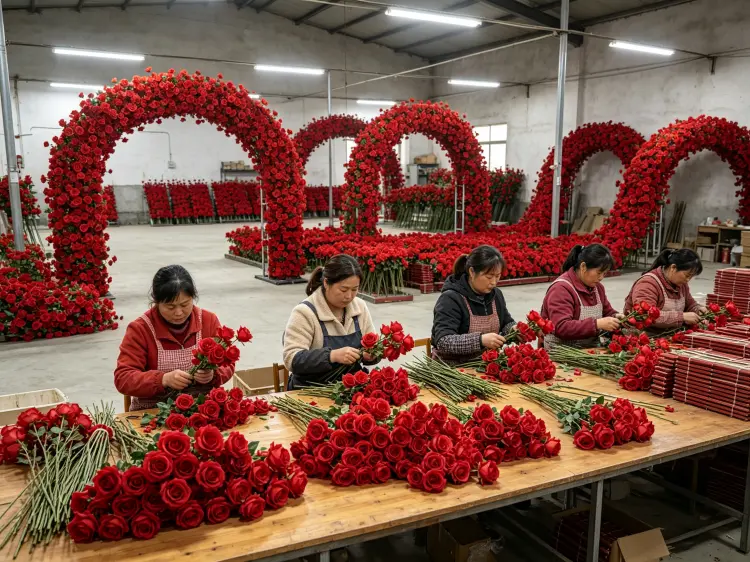Artificial Flower Factory Production Line Workers Handmade Assembly Workshop for Flower Arches